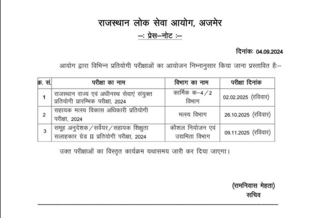 #RAS 2024 
#Pre exam #date 2 February 2025
मे होना तय