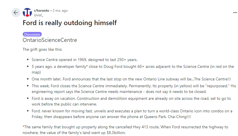 TrueEager's tweet photo. The Ontario Science Centre grift, as explained by r/toronto on Reddit

#ThrowFordOverboard

Link: https://t.co/aR3L3k5Mms https://t.co/L2xDOBIR0J