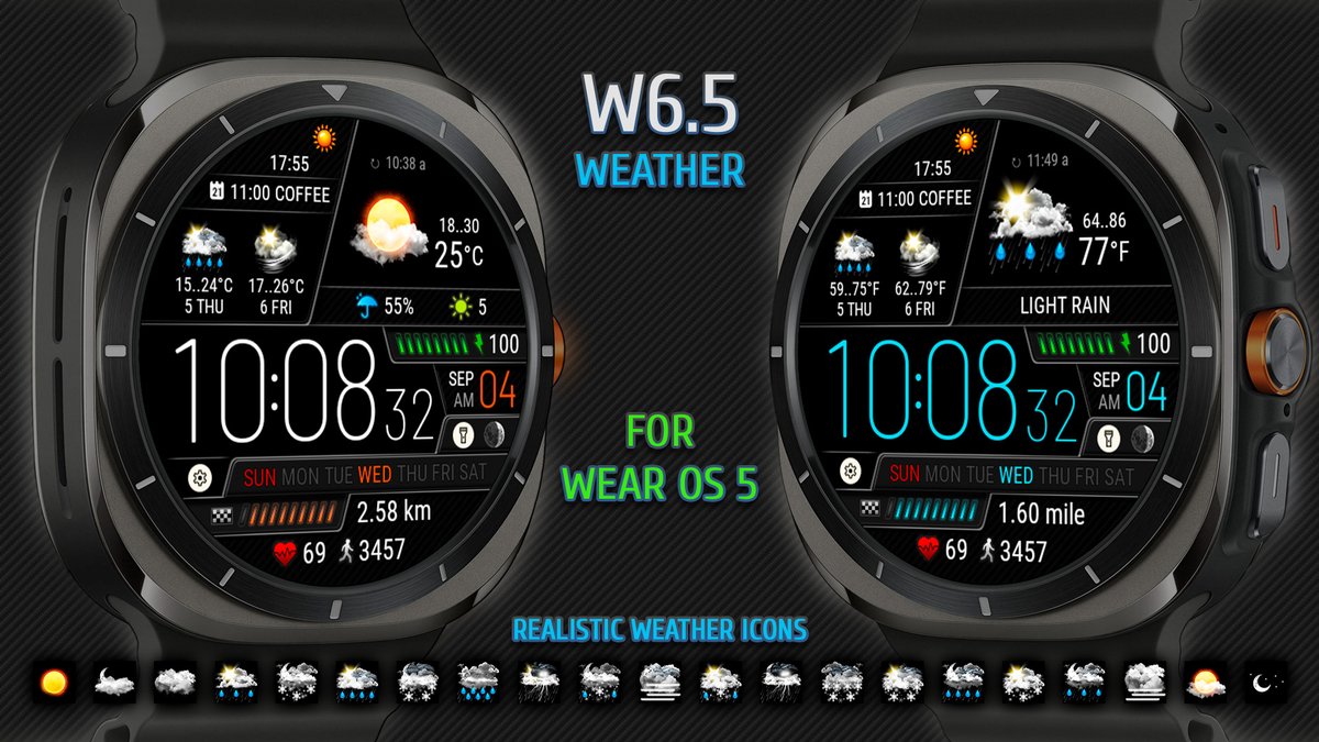 futorum's tweet image. ☀ ☁ Weather W6.5
New watch face with realistic weather icons and weather forecast for 2 days.

WEAR OS 5 [Google Play] - Galaxy Watch 7 &amp;amp; Ultra
⏬ play.google.com/store/apps/det…

#WearOS #WatchFace #GalaxyWatchUltra #GalaxyWatch7 #GalaxyWatch #WatchFaces #ClockFace #DialFace