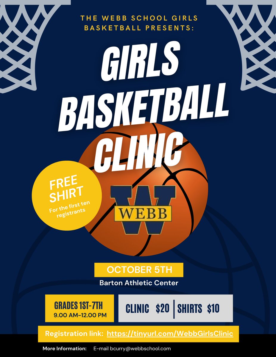 From layups to laughs, our youth basketball clinic is where the magic happens!
Join us for an unforgettable experience of fun, friends and hoops!
Register today at: tinyurl.com/WebbGirlsClinic
#HoopLikeAGirl