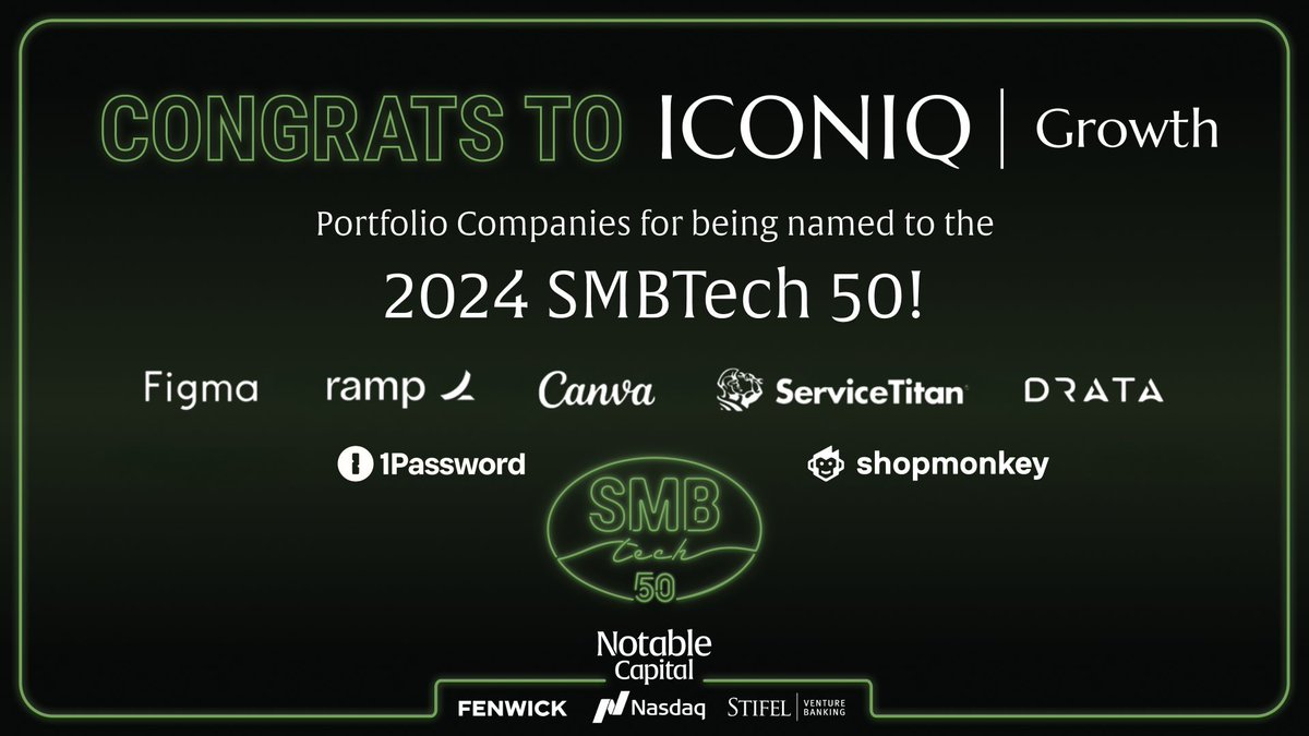 ICONIQCapital's tweet image. 🥳Congratulations to @1Password, @canva, @DrataHQ, @figma, @tryramp, @ServiceTitan, and  @Shopmonkeyio for making the #SMBTech50, @notablecap&apos;s list of the top private companies serving small and medium-sized businesses!

smbtech50.com