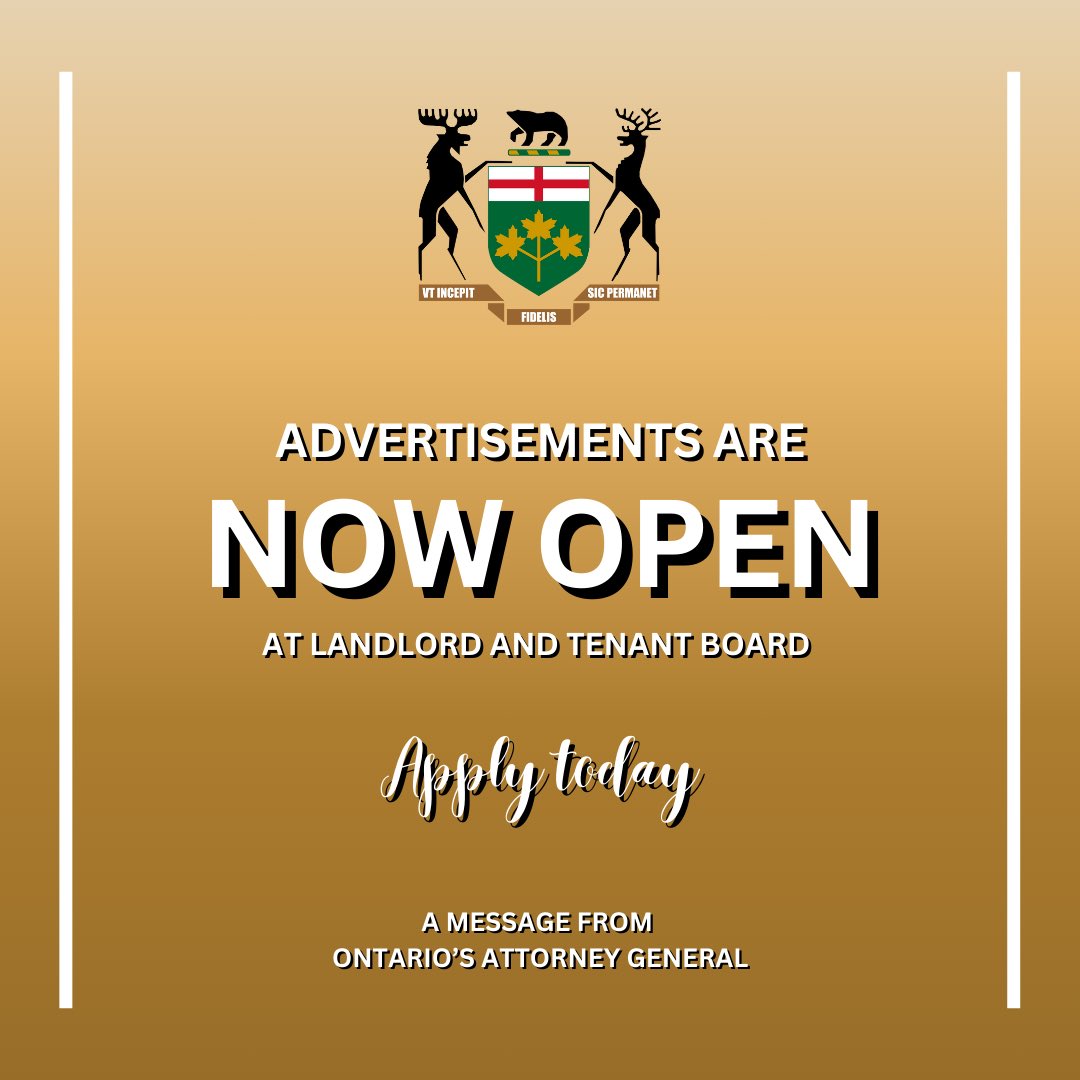 Advertisements are now open at the Landlord and Tenant Board.

The deadline to apply is October 6, 2024.

Click the link below to learn more about what is required and apply.

🔗: pas.gov.on.ca/Home/Agency/451