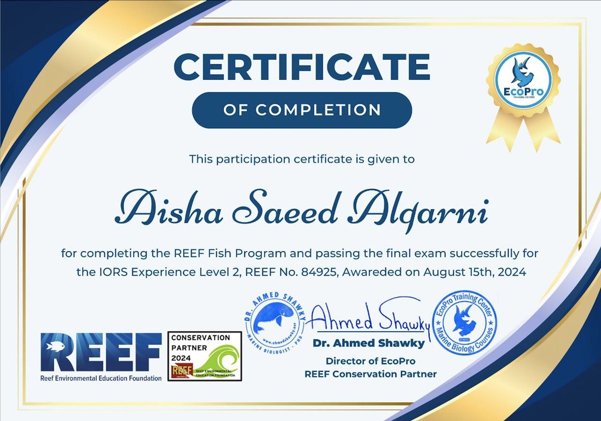 فخورة ان اكون اول الحاصلين على دورة تعريف أنواع أسماك  المرجانية في المملكة العربية السعودية والتي تتميز بإعداد قاعدة بيانات لأنواع أسماك  المرجانية وتقديرها بشكل علمي يعكس حاله التنوع الإحيائي .#جدة #البحر_الأحمر  #الشعابالمرجانية #أسماك_البحر_الاحمر #Jeddah #RedSea #Coral_Fish