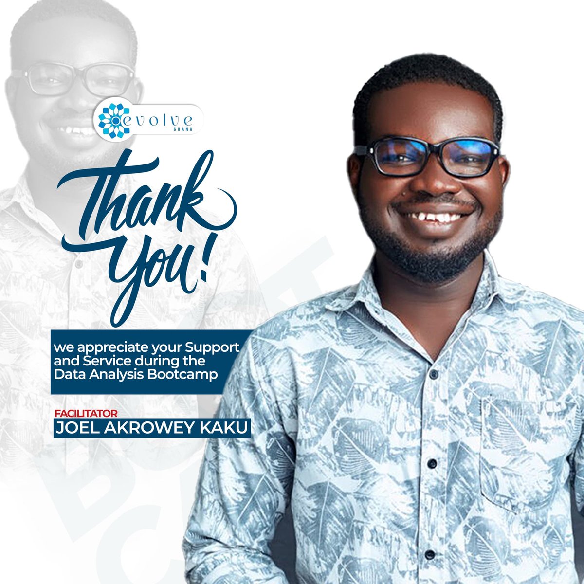 evolve360__'s tweet photo. Dear @joel_kaku thank you for your exceptional facilitation of our Evolve 1.0 #data analysis #bootcamp.  

#ThankfulWednesday #dataanalysis #evolve1.0 #bootcamp #firstcohort #wesidewithyou #techcareers #techeducation https://t.co/Lx8ESvDFqE
