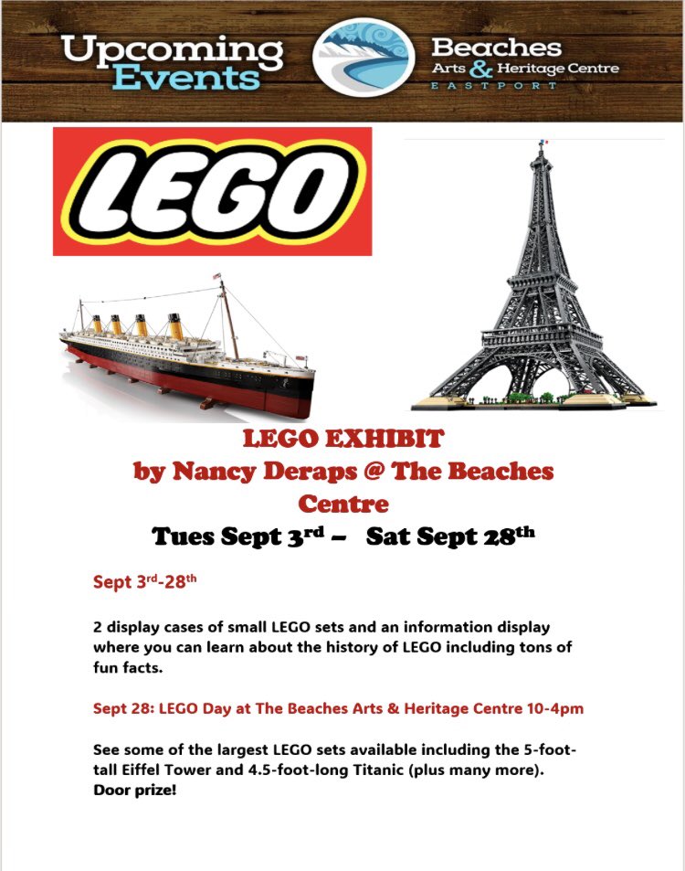esthero19's tweet photo. Check out the LEGO Exhibit running from Tue Sept 3 to Sat Sept 28 at the Beaches Arts &amp; Heritage Centre in Eastport. On Saturday Sept. 28th (for one day only!) there will be a large set display #lego #legoexhibit #afol #legonl #eastportpeninsula #beachesartsandheritagecentre https://t.co/HAze63dgXs