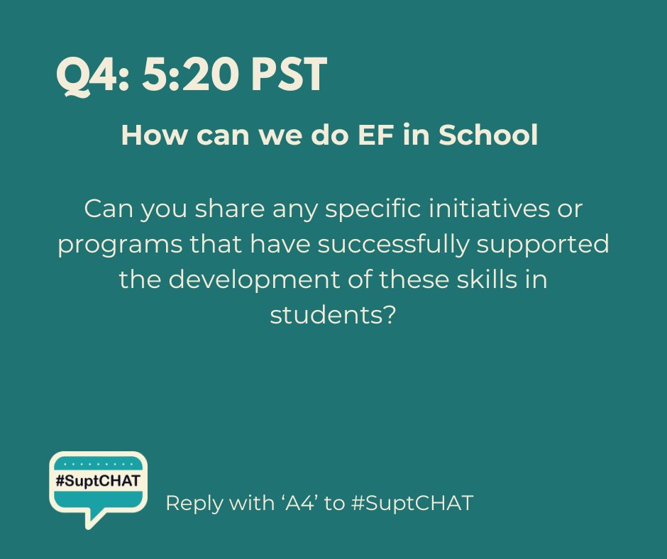#SuptChat

Q4:  Can you share any specific initiatives or programs that have successfully supported the development of these skills in students?

Reply with: A4

<a href="/AASAHQ/">AASA</a> <a href="/SuptCalvinWatts/">Dr. Calvin J. Watts</a> #ExecutiveFunctioning