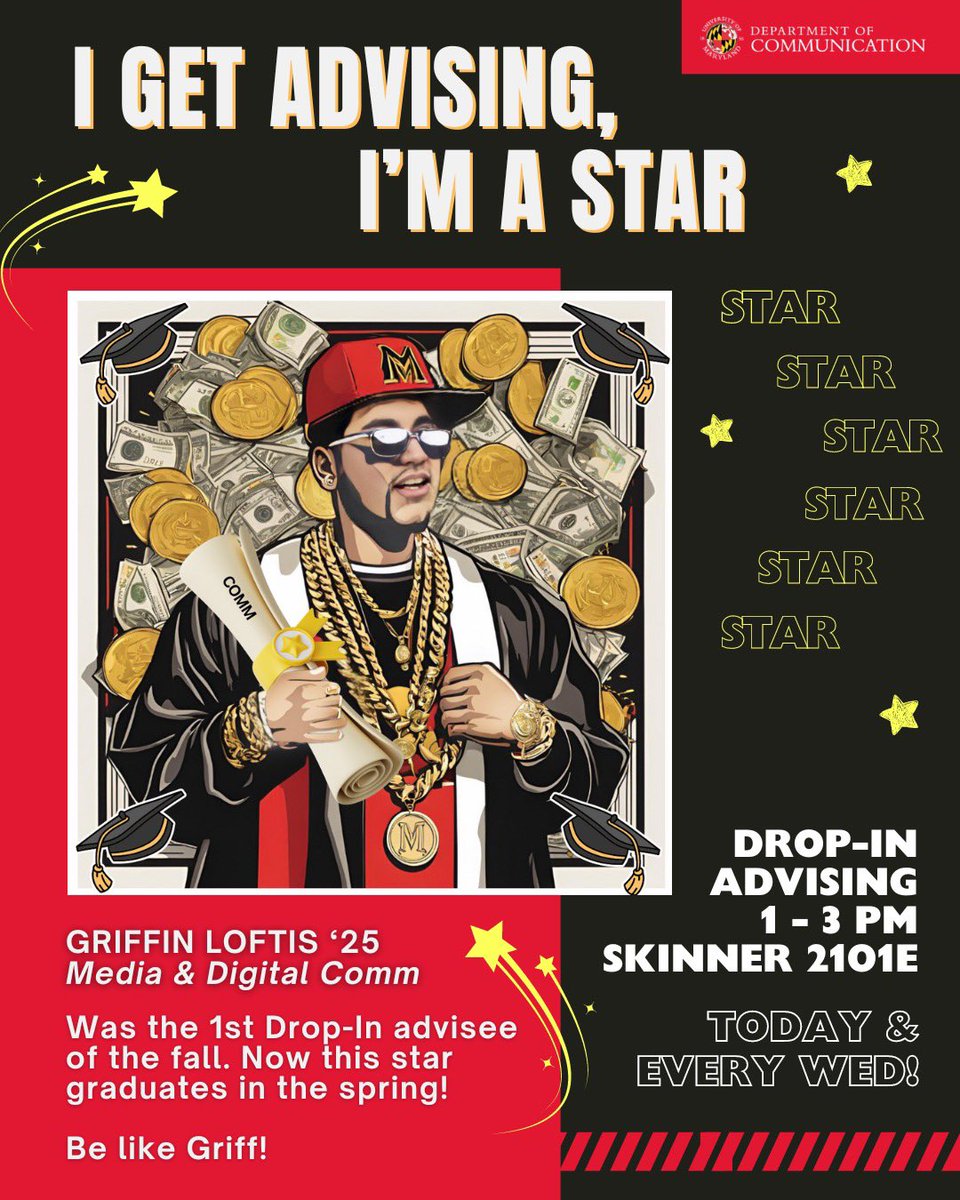 Kudos to Griffin Loftis for being the first student to attend fall drop-ins! Join us today and every Wednesday from 1-3pm in Skinner 2101E for COMM Drop-In advising. 

Be a star 🌟 don’t disappoint Meg.