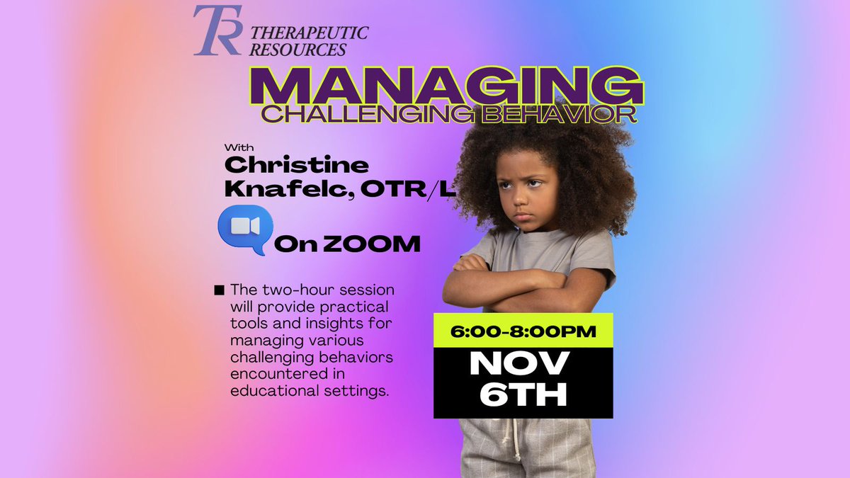 TRinfoTweets's tweet image. School-based OTs, PTs, SLPs—Learn strategies for managing challenging behaviors! Join our seminar on Nov 6th, 6 PM to 8 PM, and enhance your skills in trauma-informed care and more. #TherapyEducation #BehaviorManagement #TherapeuticResources #TR
buff.ly/3M2Wnad