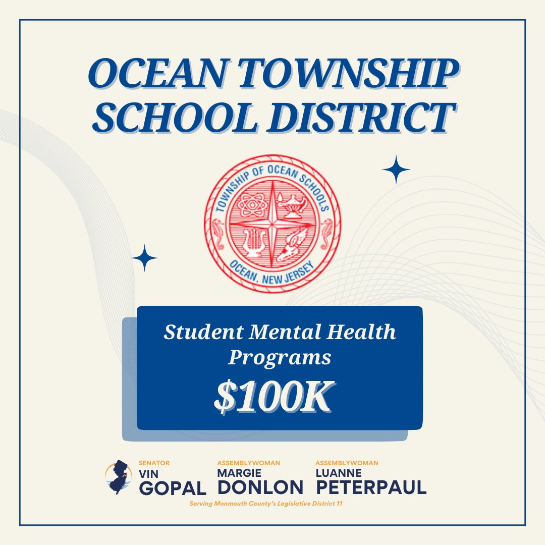 Thrilled to secure $100k in funding w/ <a href="/vingopal/">Vin Gopal</a> for Ocean Twp Schools! Enhancing mental health services to make sure students receive the support they need to thrive emotionally &amp; academically. Together, we are building a better future for our kids. #TeamMonmouth <a href="/MsKWeldon/">Kelly Weldon</a>