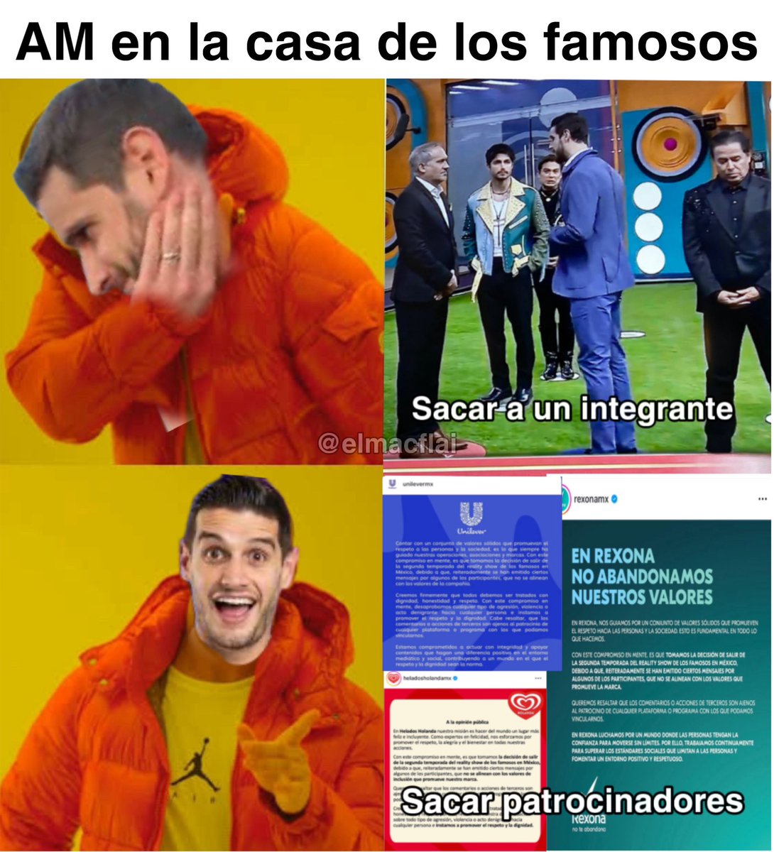 Me enteré del chisme e hice un memingo al parecer AM se salió de #LaCasaDeLosFamososMx2 probablemente por la presión que hubo de algunos patrocinadores, incluso unilever, Holanda y rexona, dado a su comportamiento durante el juego. Cosas que se entera uno