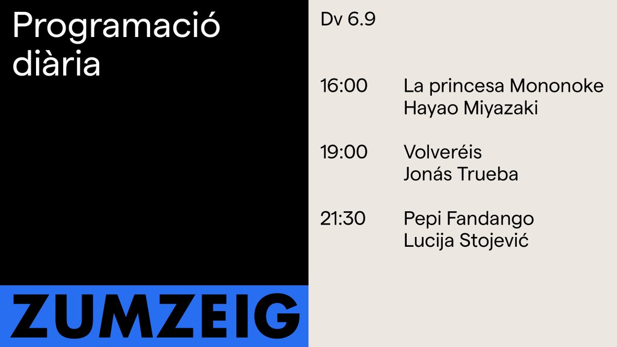 Divendres per fi! 🍾

#LaPrincesaMononoke Un conflicte entre la naturalesa i la humanitat 🌳
#Volveréis Un retrat delicat sobre l'amistat i la memòria 🎥
#PepiFandango Dos vells amics s'embarquen en un viatge 🚗

🎟️bit.ly/3rBezuG