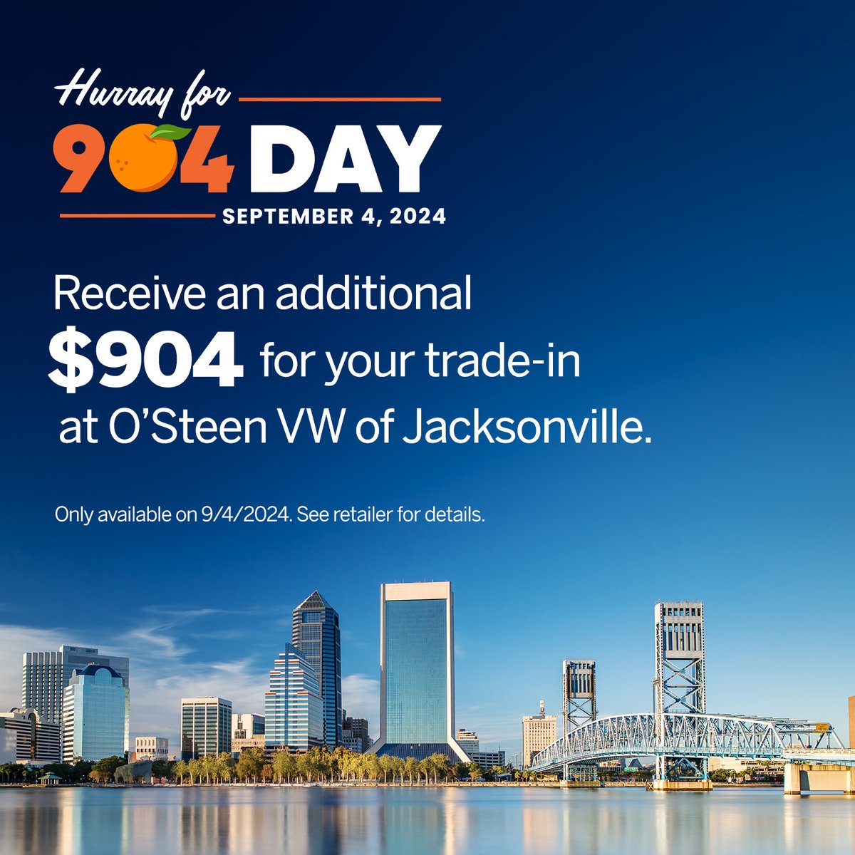 Celebrate 904 Day with us, Jacksonville! Only on 9/4/2024, get an additional $904 for your trade-in. Make the most of this special offer and drive away with a fantastic deal!

#904Day #BestOfJax #OnlyInJax #JaxDubs #JAXFl