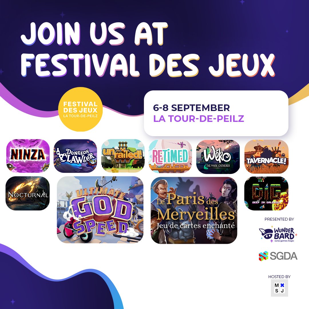 Wunderbard (@wunderbard_ch) on Twitter photo D-2
10 swiss games announced for FESTIVAL DES JEUX this weekend
New to our line-up :
Ultimate God Speed from <a href="/NinokoStudio/">Ninoko | Ultimate Godspeed</a>
Le Paris des Merveilles from @Tourmaline_ch (+friends)
festivaldesjeux.ch/swissgames D-2
10 swiss games announced for FESTIVAL DES JEUX this weekend
New to our line-up :
Ultimate God Speed from <a href="/NinokoStudio/">Ninoko | Ultimate Godspeed</a>
Le Paris des Merveilles from @Tourmaline_ch (+friends)
festivaldesjeux.ch/swissgames