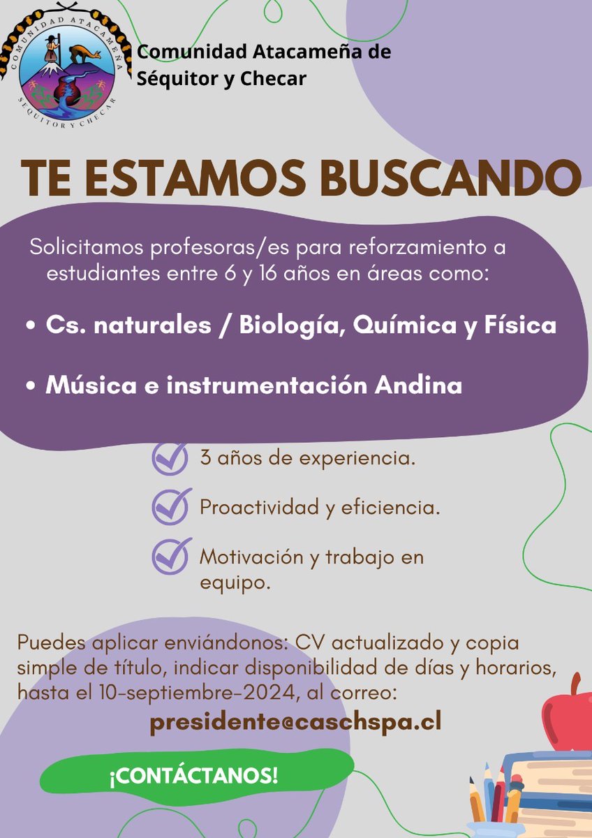 Aviso laboral #SanPedrodeAtacame Comunidad Atacameña de Séquitor y Checar busca profesor(a) para clases de reforzamiento.
