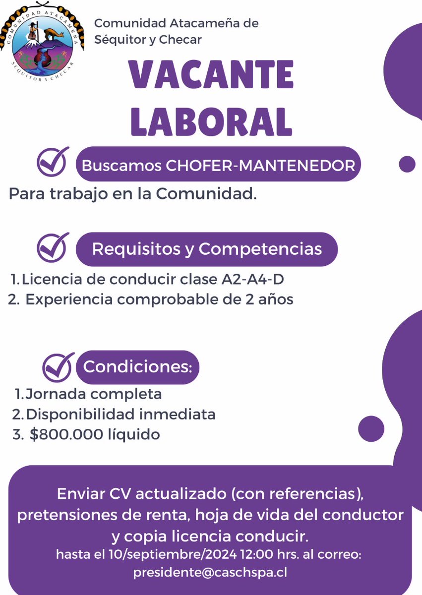 Aviso laboral #SanPedrodeAtacame Comunidad Atacameña de Séquitor y Checar, busca Chofer profesional.