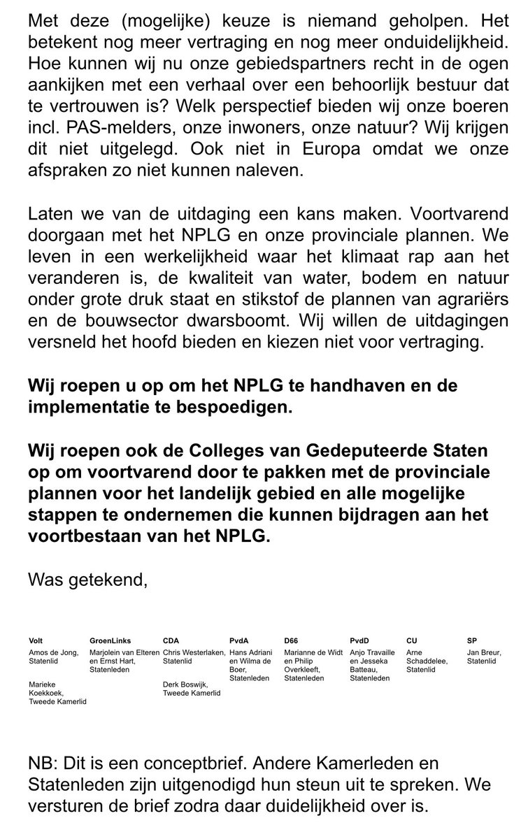 Oproep provincies

Brief aan <a href="/ministerLVVN/">Femke Marije Wiersma</a> door #Volt met verschillende Kamerleden en Statenleden

Gooi #NPLG niet in prullenbak. Wél door en juist versnellen met plannen duurzaam landelijk gebied voor natuur, perspectief boeren, water. Zoveel werk verricht: we moeten door!
