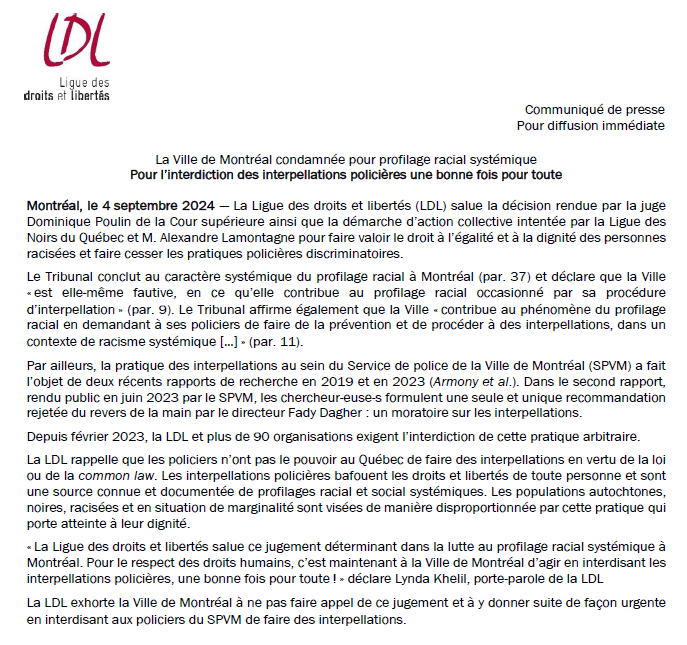 À la suite du jugement condamnant la Ville de #Montréal pour du #profilage racial systémique, la LDL exhorte la <a href="/MTL_Ville/">Ville de Montréal</a> ⤵️
1 - à ne pas faire appel du jugement
2 - interdire les #interpellations policières <a href="/SPVM/">Police Montréal</a> 

#polqc #polmtl #égalité #droitshumains
liguedesdroits.ca/pour-linterdic…