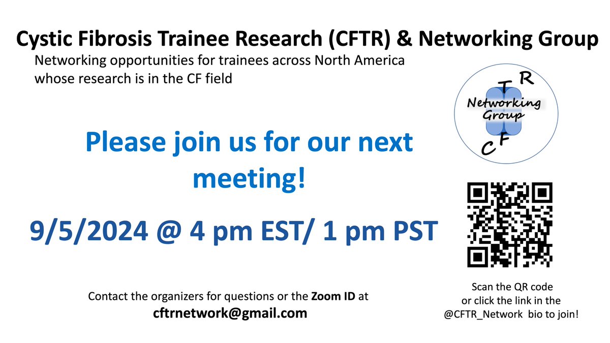 Please join us TOMORROW (9/5) @ 4 pm EST/ 1 pm PST over Zoom for our next CFTR Networking group meeting! We are excited to have Ben Calvert, PhD a postdoc from the University of Iowa present his research! <a href="/uiowa/">University of Iowa</a> <a href="/CF_Foundation/">Cystic Fibrosis Foundation</a> <a href="/jmcmicrobe/">Jodi Corley</a> @sherylEFerns @anamariaj7
