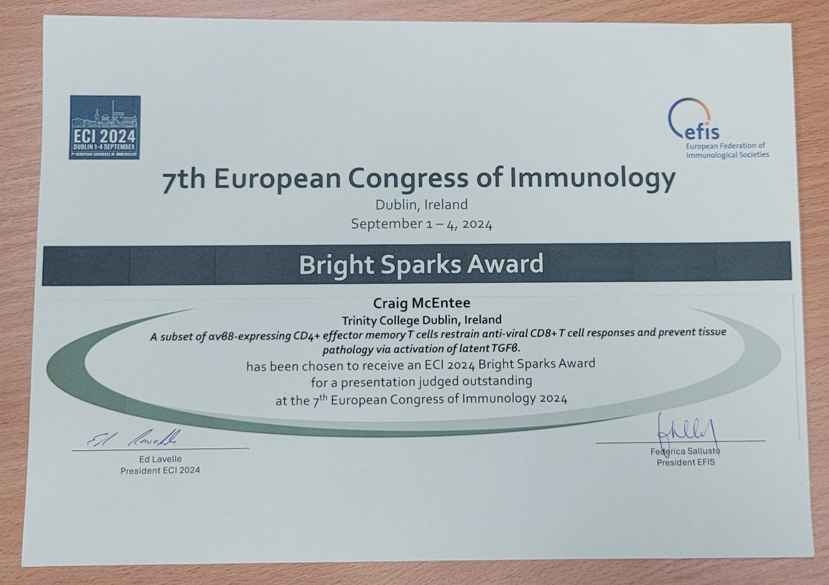 McEntee Lab TCD (@mcenteelabtcd) on Twitter photo Delighted to have gotten the opportunity to present twice at #ECI2024 and thrilled that my work from my time <a href="/TravislabUoM/">Travis Lab</a> was selected for a Bright Sparks award! Thanks <a href="/EdLavellee/">Ed Lavelle</a> and <a href="/EFIS_Immunology/">EFIS</a> for organising an amazing meeting. Roll on Florence 2027! Delighted to have gotten the opportunity to present twice at #ECI2024 and thrilled that my work from my time <a href="/TravislabUoM/">Travis Lab</a> was selected for a Bright Sparks award! Thanks <a href="/EdLavellee/">Ed Lavelle</a> and <a href="/EFIS_Immunology/">EFIS</a> for organising an amazing meeting. Roll on Florence 2027!
