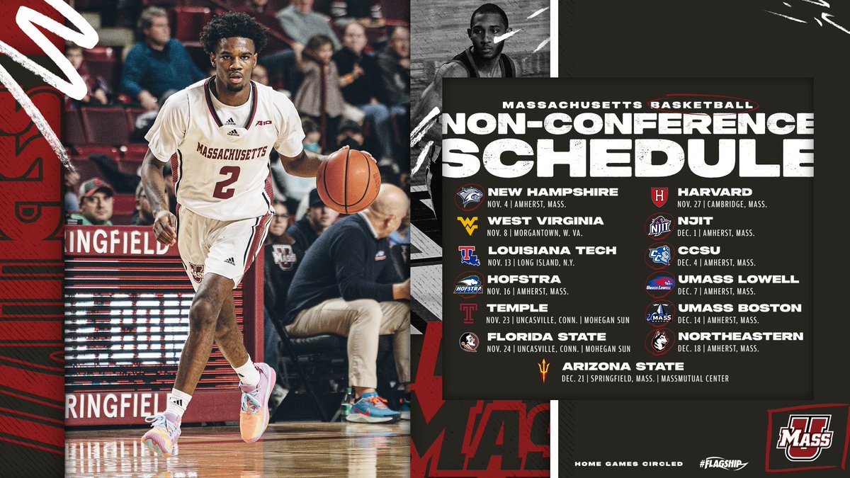 UMassMBB's tweet photo. Non-Con✔️
Your first taste of the 2024-25 UMass basketball schedule is 𝙝𝙚𝙧𝙚🏀
📝https://t.co/a6XP3c8FZt | #Flagship🚩 https://t.co/q8FfIiLtOq