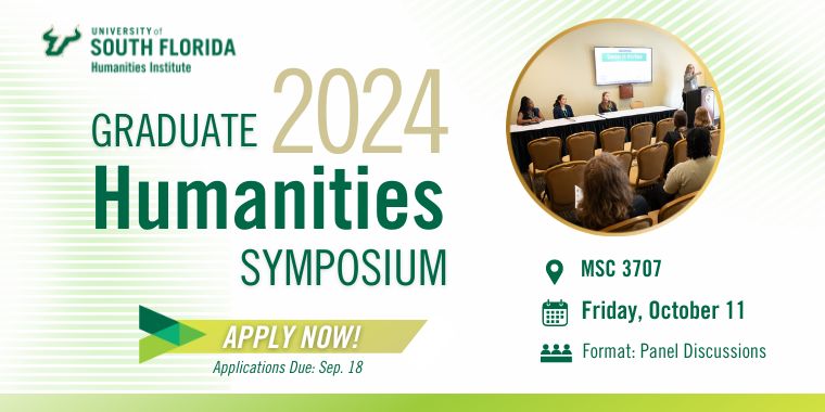 USFHuman's tweet photo. Reminder! Graduate Humanities Symposium applications are due on September 18. 

Apply as a panel or individual. We are accepting papers for panel discussions. This symposium is free to participate and food is provided!

Learn more: https://t.co/gk0eLW72n2 https://t.co/X5bTJN9I92
