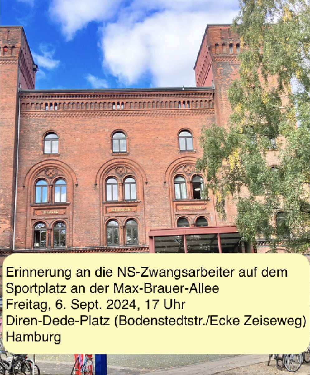Erinnerung an italienische Militärinternierte 2024
Erinnerung an die NS-Zwangsarbeiter auf dem Sportplatz an der Max-Brauer-Allee
Freitag, 6. September 2024, 17 Uhr
Diren-Dede-Platz, Hamburg (Bodenstedtstraße/Ecke Zeiseweg)
imiinhamburg.wordpress.com/2024/08/01/6-s…