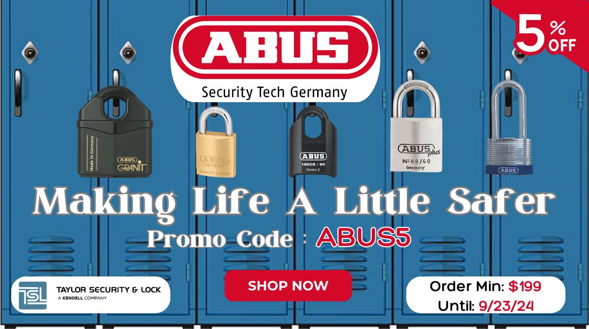 🦺 Your Safety Matters: ABUS Makes Life a Little Safer! 🔐
Promo Code "ABUS5" for 5% OFF select ABUS items with a $199 Minimum Purchase. Prom expires on 09/23/24.
#SecuritySolutions #SafetyFirst #ABUSLocks #FacilityManagement #Locksmiths 👉 Explore More: bit.ly/3EJ6M77