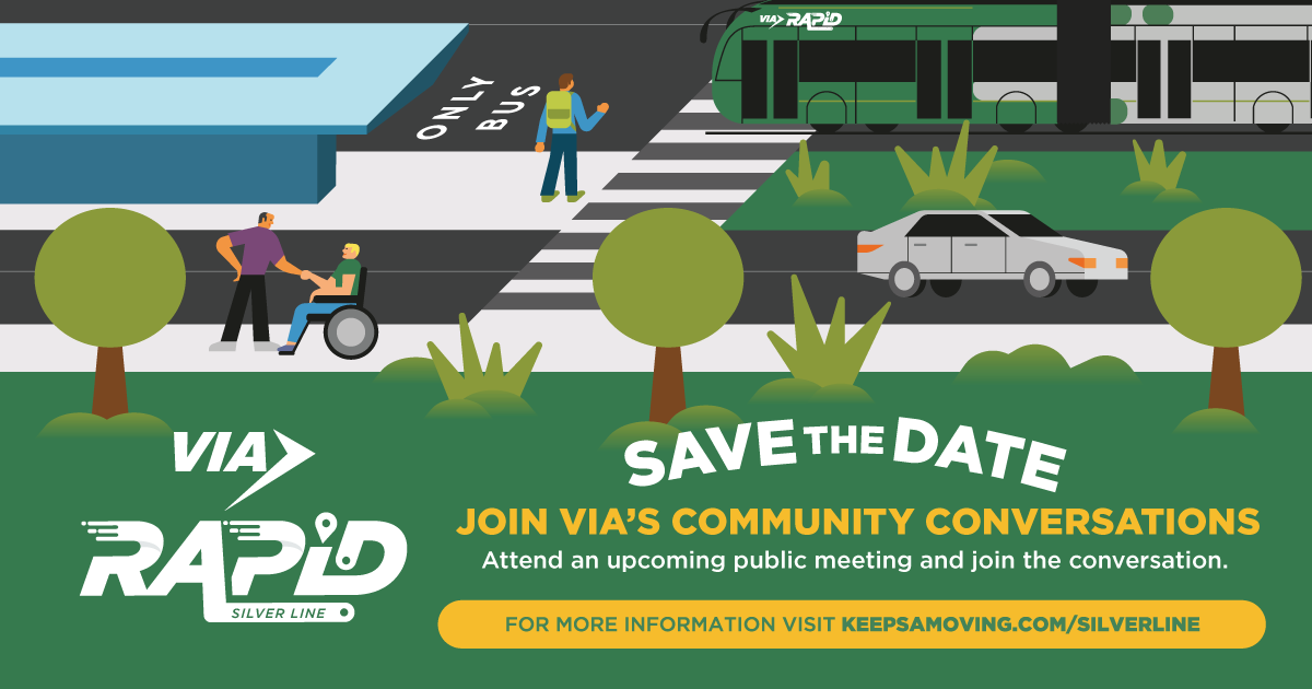 🚍 VIA Advanced Rapid Transit Update 🚍 

Mark your calendars for our upcoming Community Conversations! We're hosting a series of public meetings on Sept. 11, 12, and 14 to discuss the VIA Rapid Silver Line and gather community input. 

📆 When: September 11, 12, and 14th