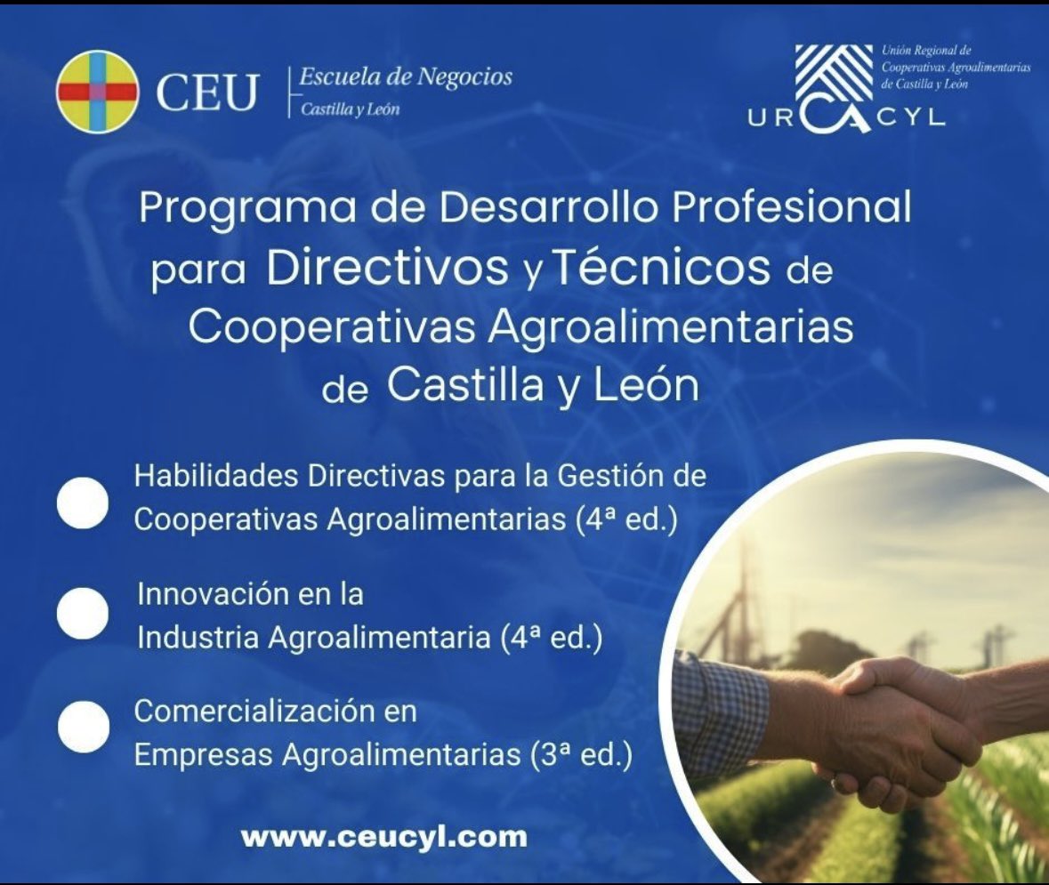 Un año más, <a href="/CEUCYL/">Escuela de Negocios CEU Castilla y León</a> en colaboración con URCACYL, pone en marcha el #Programa de #formación para #Directivos y #Técnicos de #Cooperativas #Agroalimentarias,
#Entidades #Asociativas Prioritarias de
CYL
Plazo matrícula hasta 23 de septiembre
Más información: lnkd.in/e8BmPjY2
