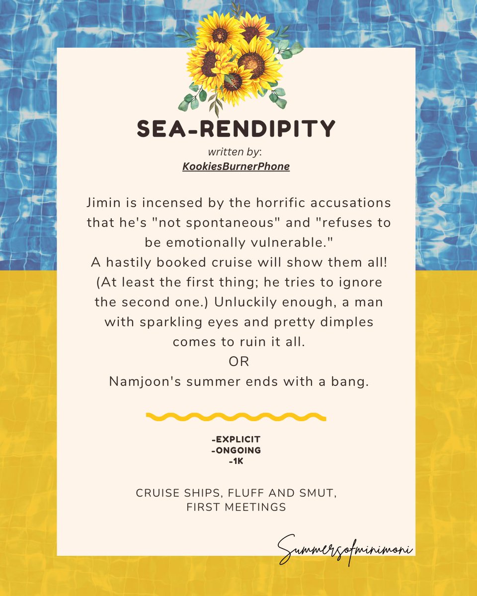 ₊✩🌻•Summers of Minimoni•🌻★₊ - RESTING (@minimonifest) on Twitter photo 🌻 Sea-rendipity🌻
🌞author: <a href="/kth1_jjk1_OT7/">KookiesBurnerPhone⁷ 💜</a>
🔗link:archiveofourown.org/works/58560454… 🌻 Sea-rendipity🌻
🌞author: <a href="/kth1_jjk1_OT7/">KookiesBurnerPhone⁷ 💜</a>
🔗link:archiveofourown.org/works/58560454…
