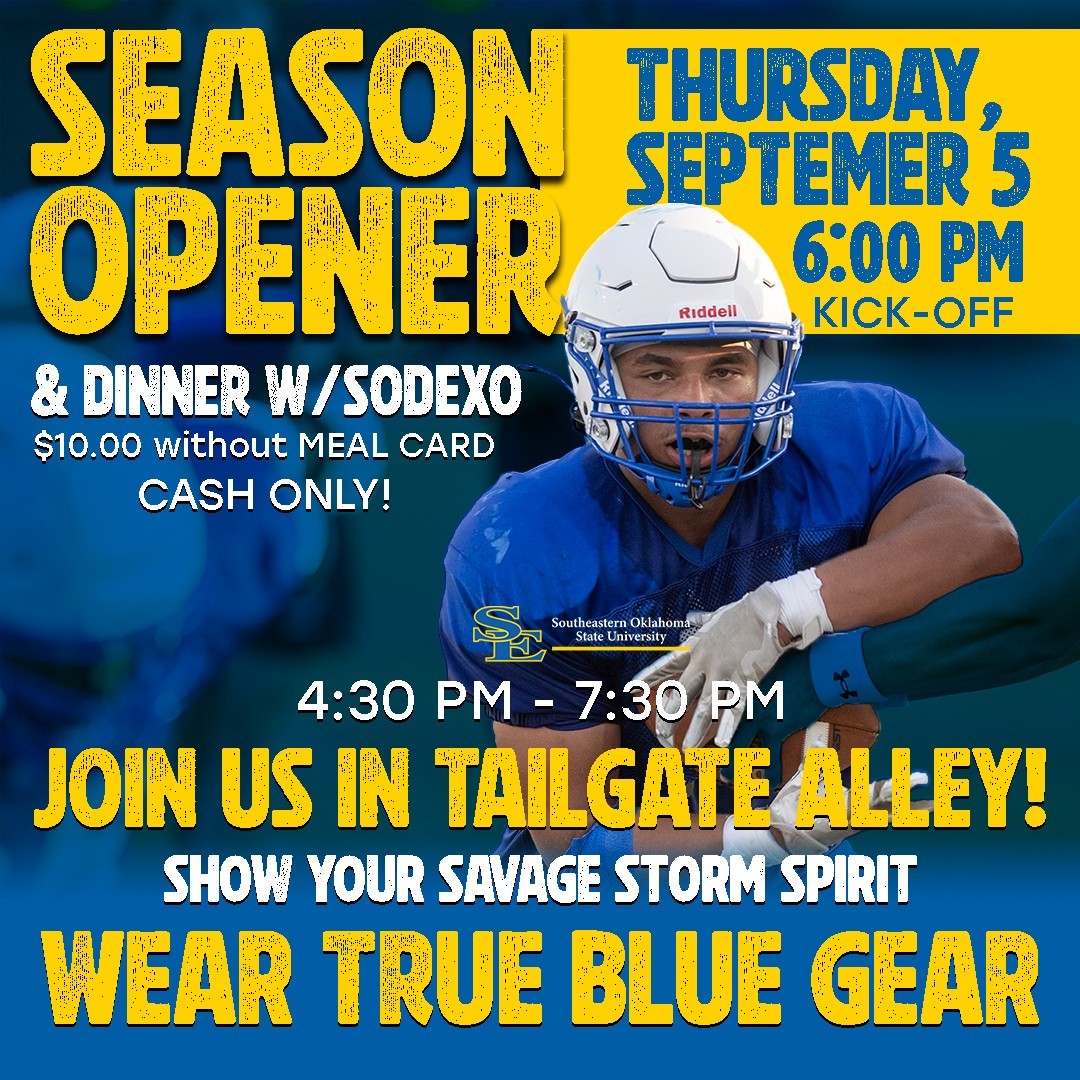SE1909's tweet photo. Join us in Tailgate Alley for games, &amp; LIVE Music from Greg Guymon! At 4:30, you can purchase dinner from Sodexo. Our True Blue Spirit Winner will be selected at the game &amp; announced on Friday! Show us your TRUE BLUE using #TrueBlueSpirit

#TakeCover | #SavageStorm https://t.co/GiZYKtyQLT