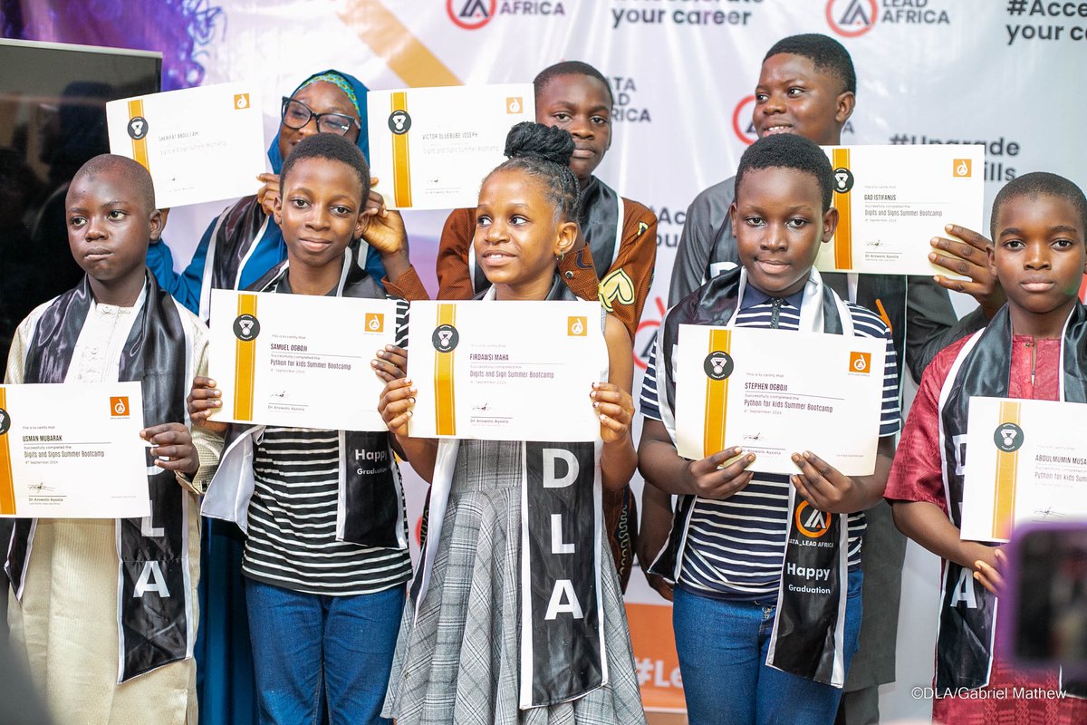 DataLead_Africa's tweet image. We are delighted to honor our young coders from Python For Kids and Digits and Signs Summer Bootcamp as they receive their well-earned certificates.
May this achievement be just the beginning of their tech journey.
#CertificatePresentation #KidCoders #InclusionInTech