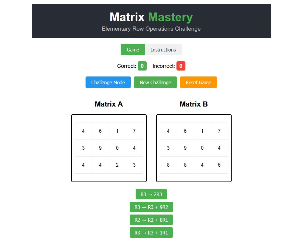 rebin3's tweet photo. 1/2 week one teaching #LinearAlgebra and I just launched a new web app using @cursor_ai, deployed with @vercel! 🎉 It’s all about elementary row operations on matrices.  https://t.co/odUsgXbI44  🧮✨ #MathGames #EdTech #WebDev #mathed https://t.co/8760k8fo63