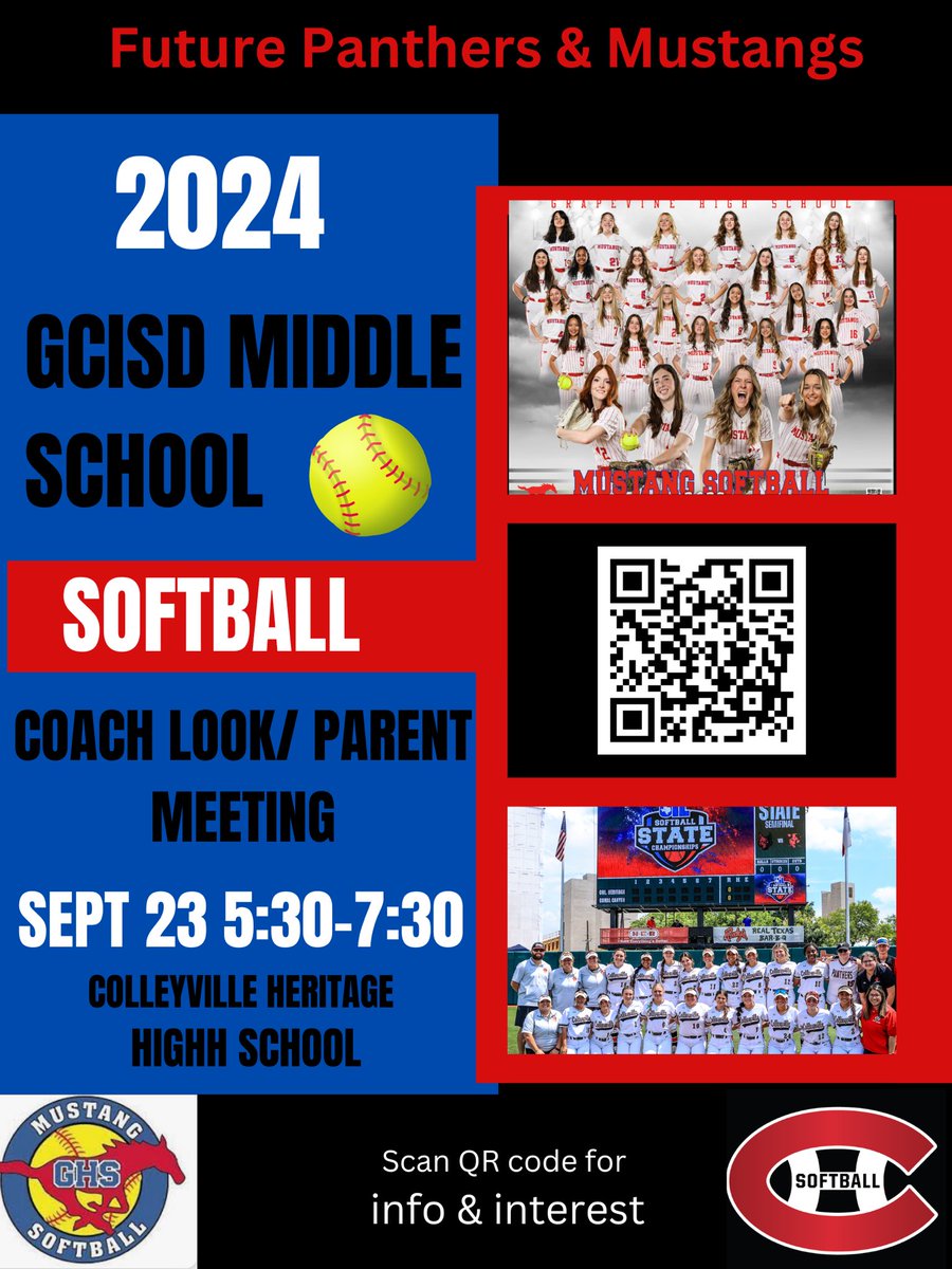 ATTENTION FUTURE GCISD softballers! The 2024 middle school fall league is here. More info found in the QR code <a href="/GCISD_Athletics/">GCISD Athletics Dept.</a> <a href="/chhs_softball/">CHHS Softball</a> <a href="/GrapevineMiddle/">Grapevine Middle</a> <a href="/CmsColts/">Colleyville Middle School</a> <a href="/CTMSWolfWay/">CTMS Wolves</a> <a href="/Heritage_GA/">HMS Lady Broncos</a>