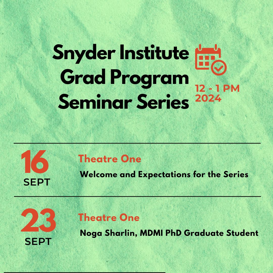SnyderInstitute's tweet image. Welcome back to the Snyder Grad Seminar Series, Snyder members! Stay tuned for updates on our upcoming schedule and locations for the next few months. We’ve got an exciting lineup of talks and presentations ahead!

#SnyderGradSeminar #AcademicTalks #GraduateStudies #SeminarSeries