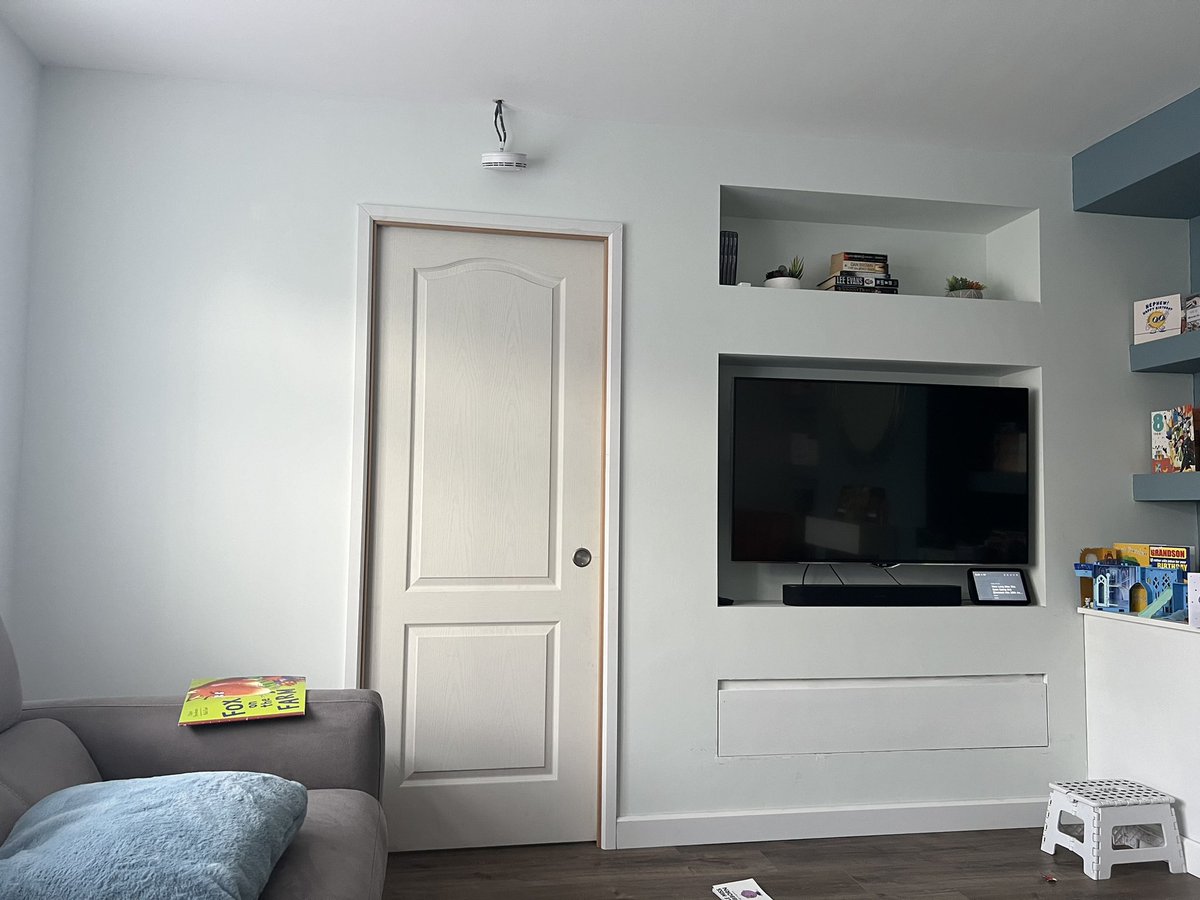 CarpentryWilson's tweet photo. TV media wall built with pocket door and alcove shelves #rwilsoncarpentry https://t.co/oY4trvFWTO