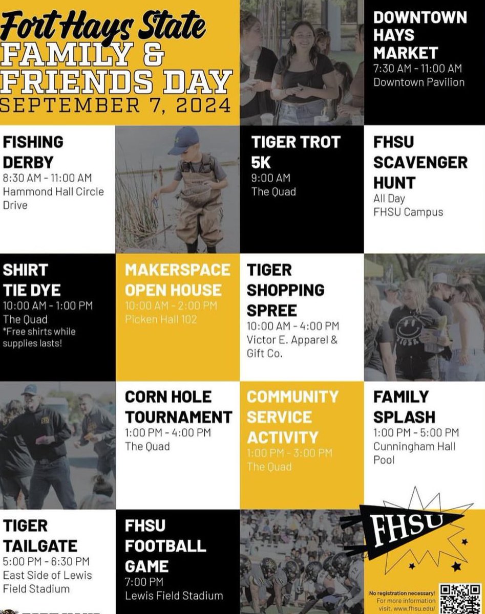 MercedessFHSU's tweet image. Get Ready for Family &amp;amp; Friends Fun at FHSU!🐯
Join us for a day packed with activities from a Fishing Derby and Tiger Trot 5K to a Scavenger Hunt and Tie Dye fun! Don't miss the Makerspace Open House, Cornhole Tournament, and much more!
📅 Date: September 7, 2024
📍 Location:FHSU