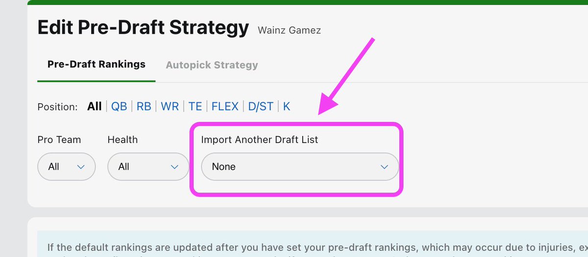 bobbyadamson's tweet photo. @ESPNFANSUPPORT can I upload a CSV of personal rankings and have my predraft strategy updated with it? I was lead to believe this was supported by ESPN fantasy but I cant find it anywhere. Predraft Strat page does have a drop down “import another draft list” but no way to upload https://t.co/XzvLJCJW8M