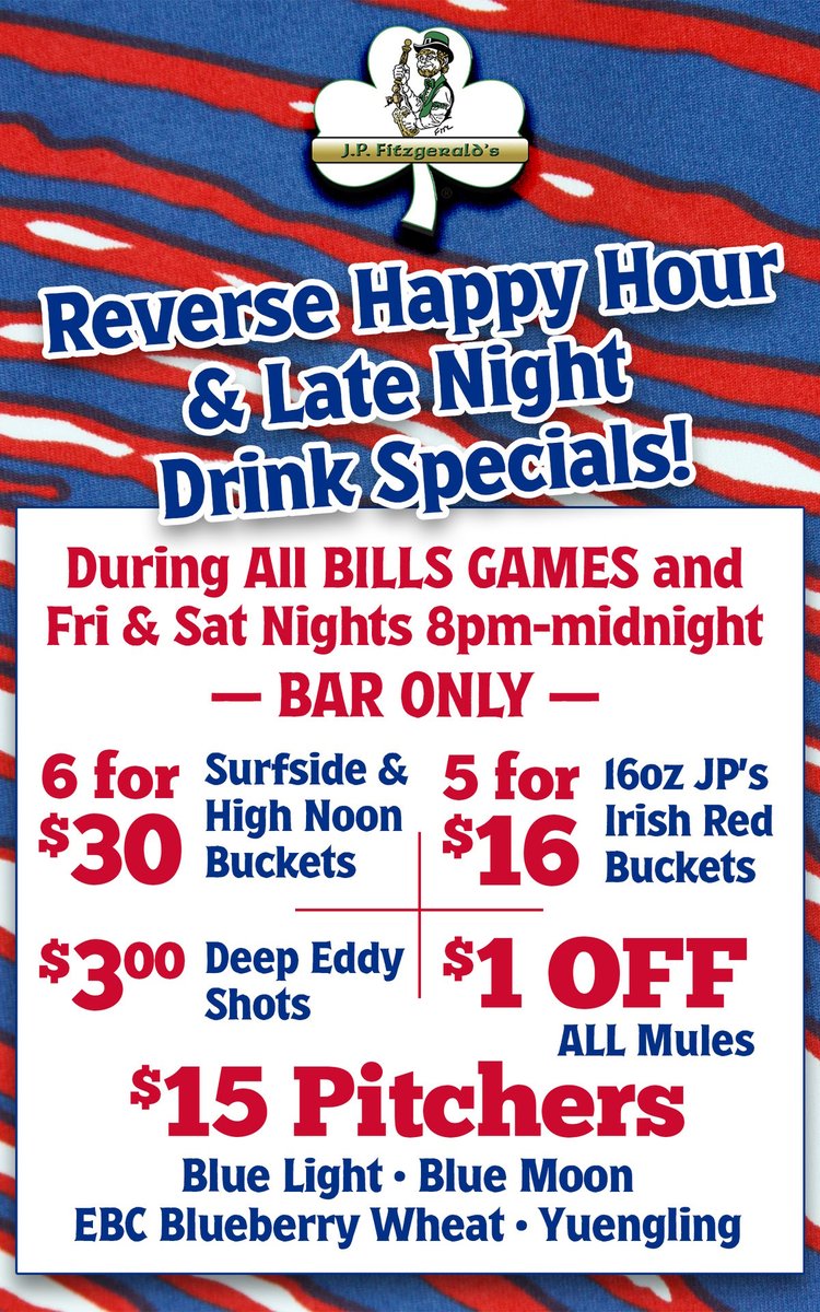 Join us at JP Fitzgerald's for #ReverseHappyHour every weekend! Enjoy discounted drinks from 8pm-12am on Fridays and Saturdays, plus during all Bills games! 🏈 Don't miss out on the ultimate #HappyHour experience! #JPFCheers #WeekendVibes ❤️ 💙