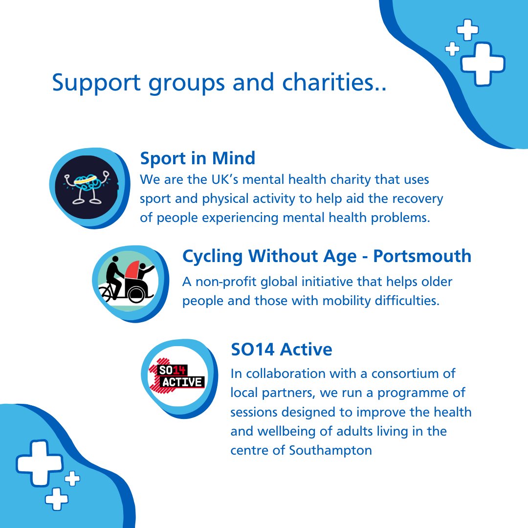 Community Engagement & Experience Team (@ceet_solentnhs) on Twitter photo Support groups and charities to help you keep moving include <a href="/sportinmind/">Sport in Mind</a> Cycling without Age as part of <a href="/theyoutrust/">YOU</a> and <a href="/SFC_Foundation/">Saints Foundation</a> 's SO14 Active programme
Comment below if we've missed any! Support groups and charities to help you keep moving include <a href="/sportinmind/">Sport in Mind</a> Cycling without Age as part of <a href="/theyoutrust/">YOU</a> and <a href="/SFC_Foundation/">Saints Foundation</a> 's SO14 Active programme
Comment below if we've missed any!