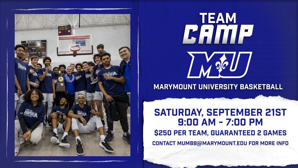 Marymount Hoops (@marymount_mbb) on Twitter photo We want to see you play in our gym!
TEAM CAMP
‼️ Sep. 21: 9am-7pm‼️
Great opportunity to compete in front of our staff against high level teams from all over the DMV!
Contact mumbb@marymount.edu or 267-907-2982 to learn more!
#GoSaints⚜️🏀 We want to see you play in our gym!
TEAM CAMP
‼️ Sep. 21: 9am-7pm‼️
Great opportunity to compete in front of our staff against high level teams from all over the DMV!
Contact mumbb@marymount.edu or 267-907-2982 to learn more!
#GoSaints⚜️🏀