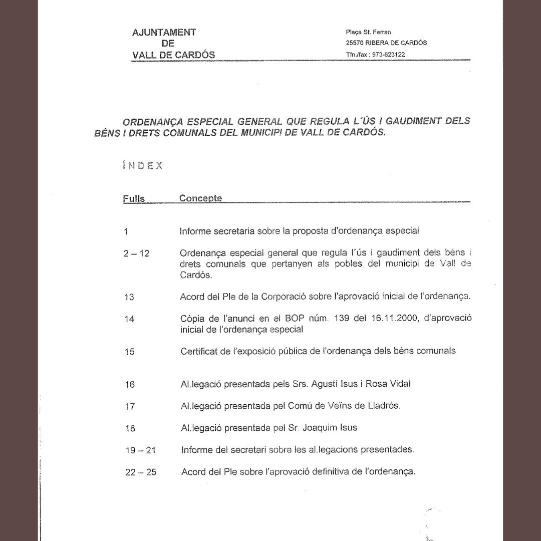 RelComunal's tweet image. 📄 Ordenança sobre l'ús i gaudiment dels béns i drets comunals al municipi de #VallDeCardós (2001)

reconstruirelcomunal.suportmutu.org/wp-content/upl… (PDF)

Ribera de Cardós: 729 hectàrees
Surri: 700 hectàrees
Estaon: 1.840 hectàrees
Anàs: 1.060 hectàrees
Ainet de Cardós: 348 hectàrees
...

#PallarsSobirà