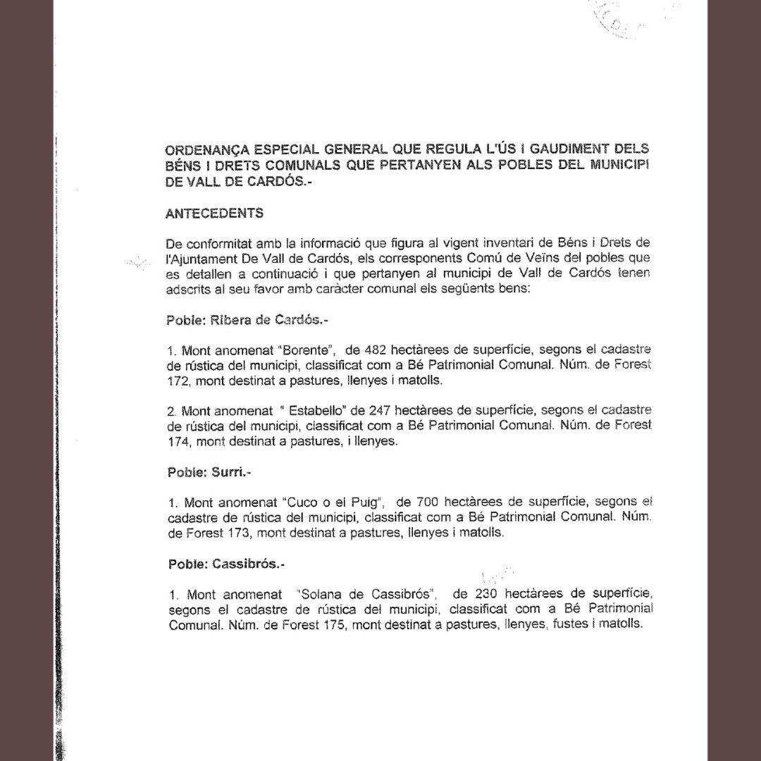 RelComunal's tweet image. 📄 Ordenança sobre l'ús i gaudiment dels béns i drets comunals al municipi de #VallDeCardós (2001)

reconstruirelcomunal.suportmutu.org/wp-content/upl… (PDF)

Ribera de Cardós: 729 hectàrees
Surri: 700 hectàrees
Estaon: 1.840 hectàrees
Anàs: 1.060 hectàrees
Ainet de Cardós: 348 hectàrees
...

#PallarsSobirà
