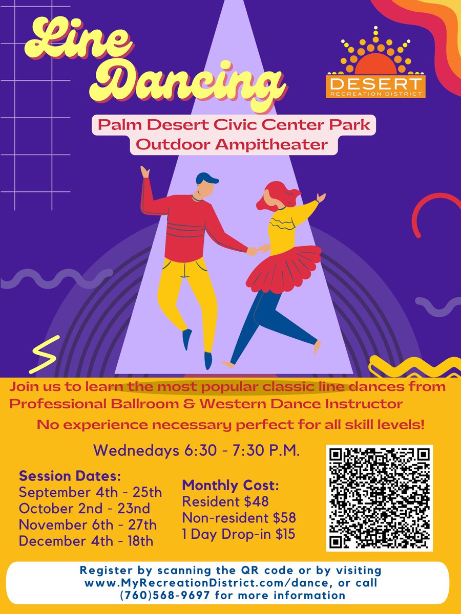 We have Line Dancing at the Palm Desert Civic Center Park Outdoor Amphitheater. No previous experience necessary, this class is perfect for all skill levels. Learn classic line dances from Professional Ballroom &amp; Western Dance Instructor.  Sign up: myrecreationdistrict.com/dance