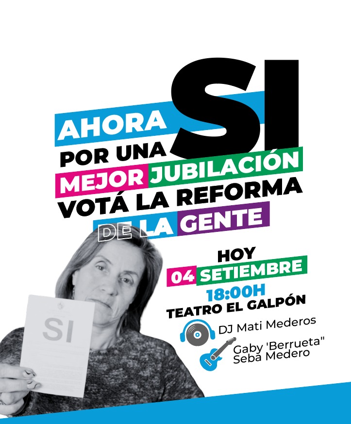generopitcnt's tweet photo. Lanzamos la campaña por el SÍ

🗓️ 4/9 · 18h
📌 Teatro El Galpón
🎧 DJ Mati Mederos ✨
🎸  Gaby "Berrueta" 
&amp; Seba Meseros 🎤

¡Te esperamos!

 #VOTASI
Afirmá tus derechos 🗳️
Votá la reforma de la gente 🇺🇾
https://t.co/ZjEjP2BWXd https://t.co/eryZxdxV6s
