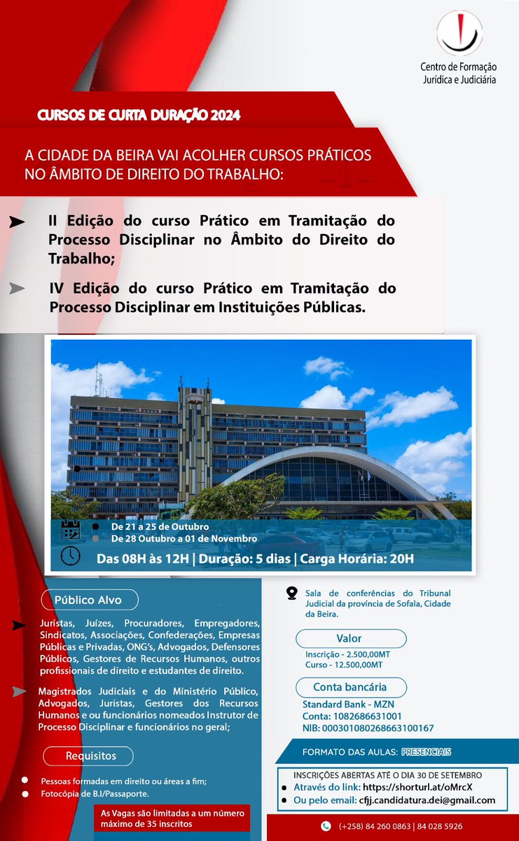 cfjjoficial's tweet photo. CURSO PRÁTICO EM TRAMITAÇÃO DO PROCESSO DISCIPLINAR NO ÂMBITO DO DIREITO DO TRABALHO EM NAMPULA E BEIRA

CFJJ tem a honra de convidar a todos interessados a participar fazendo  inscrição através do link abaixo 

https://t.co/V8zTrSqoYC

Ou email

cfjj.candidatura.dei@gmail.com https://t.co/9xbnw4GJtl