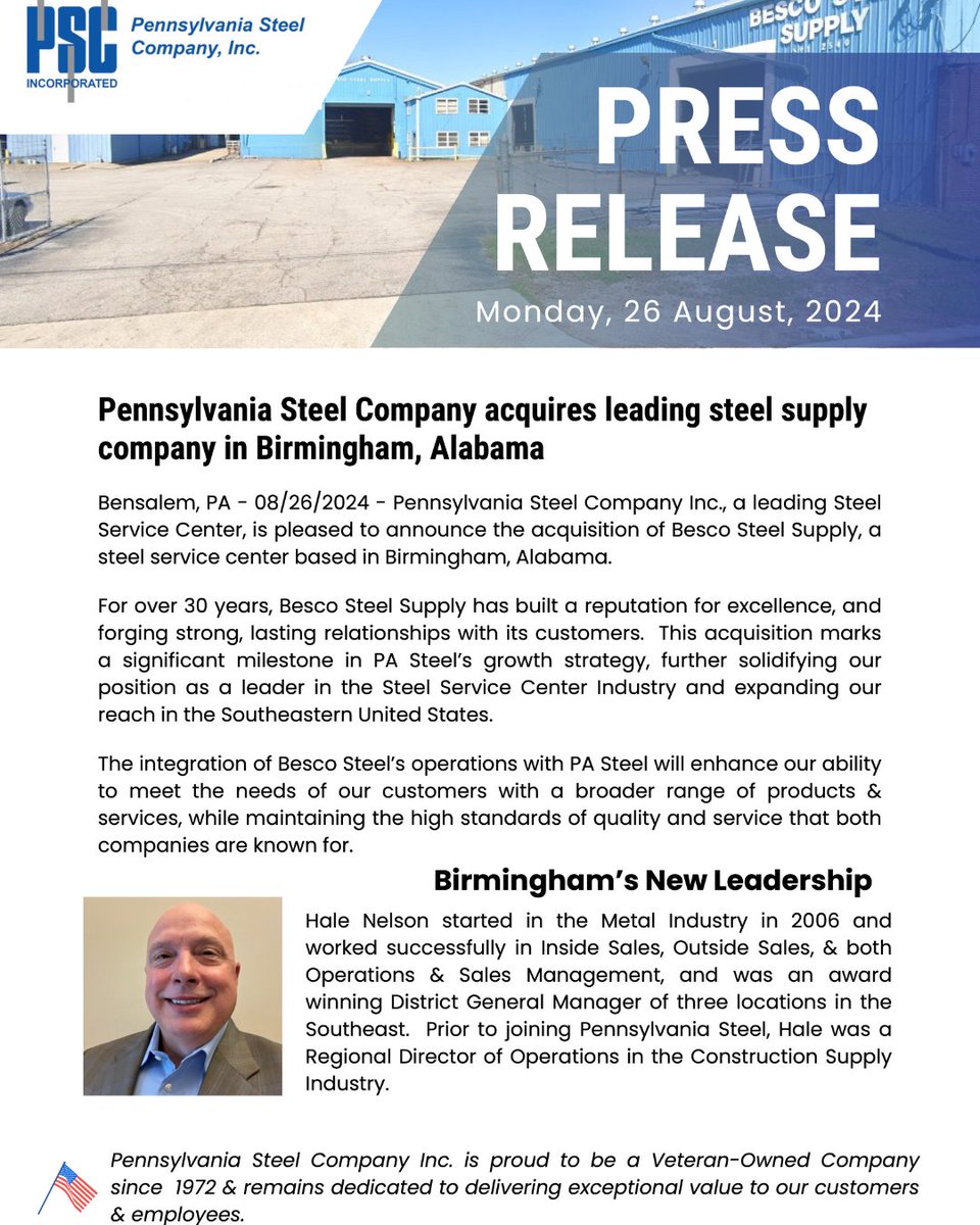 steel_pa's tweet image. 📣 PA Steel Company has acquired Besco Steel Supply in Birmingham, Alabama! This acquisition strengthens our position as a leader in the Steel Service Center Industry. Learn more below! 🤝

🌐: pasteel.com/news/pennsylva… 

#pasteel #newacquisition #steelsupplier #steeldistributor