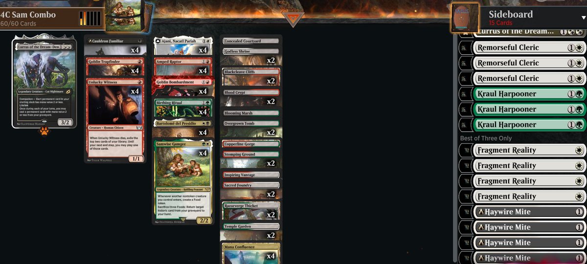 41-3 and #1 with my Historic 4C Sam list! The deck attacks from a lot of different angles and utilizes Ajani/ Bombardment/ Ritual really well with a lot of cross synergy. I've done a full in-depth deck guide video with gameplay here: youtu.be/l3r9ilU3hrs
<a href="/fireshoes/">Robert Taylor🔥</a> <a href="/mtgazone/">MTG Arena Zone</a>