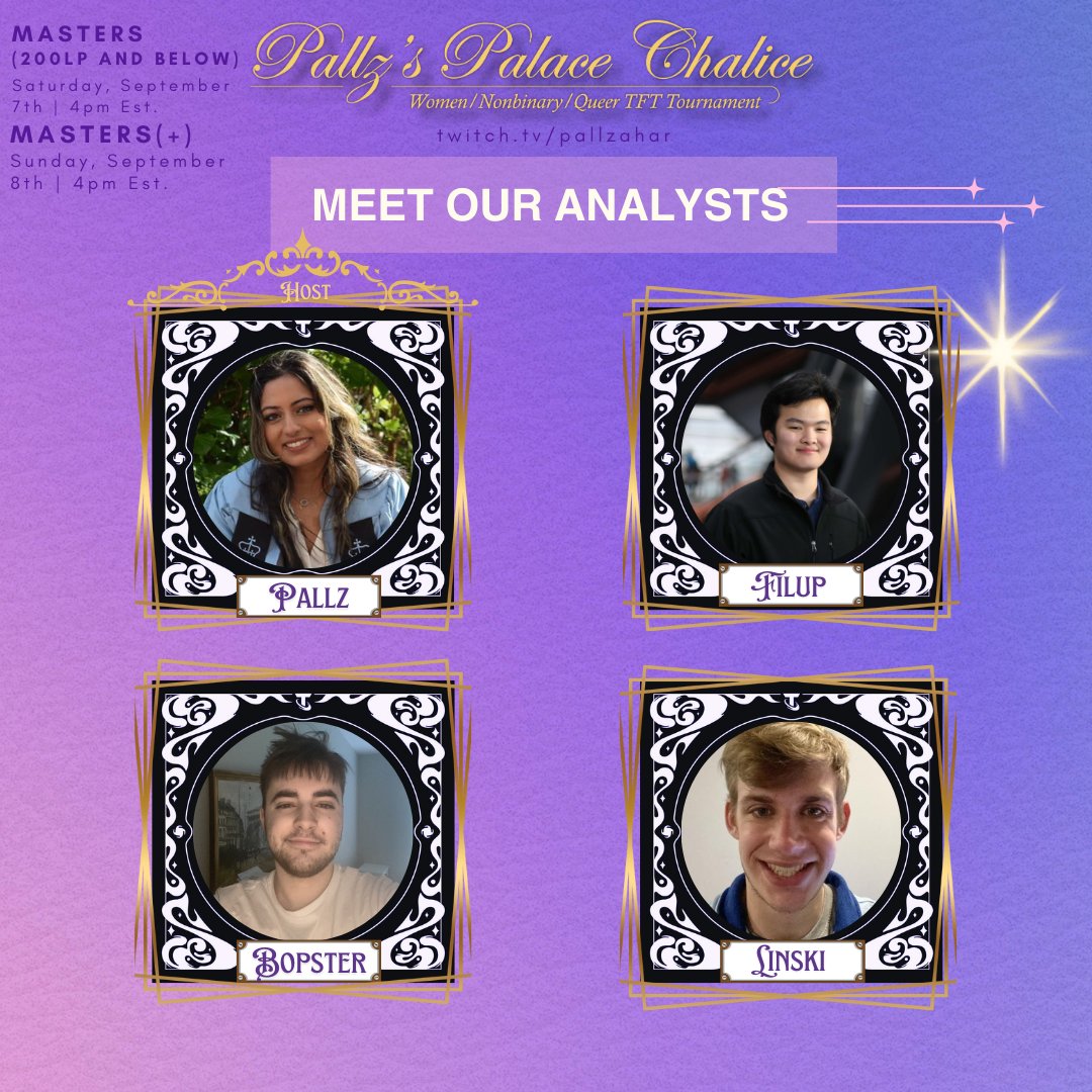 Lots of Magic, mayhem and charms need deciphering from this royal crew! 

Please welcome our analysts for day 1 and 2! 

📚<a href="/Pallzahar/">Pallz</a>
📚<a href="/FilupTFT/">Z10 Filup</a>
📚<a href="/bopstertft/">bopster</a>
📚<a href="/jdzielinski22/">jdzielinski</a>

Thanks to @Riotgames and <a href="/TFT/">Teamfight Tactics</a> for the support! 

#Teamfighttactics | #TFT | #Palacechalice