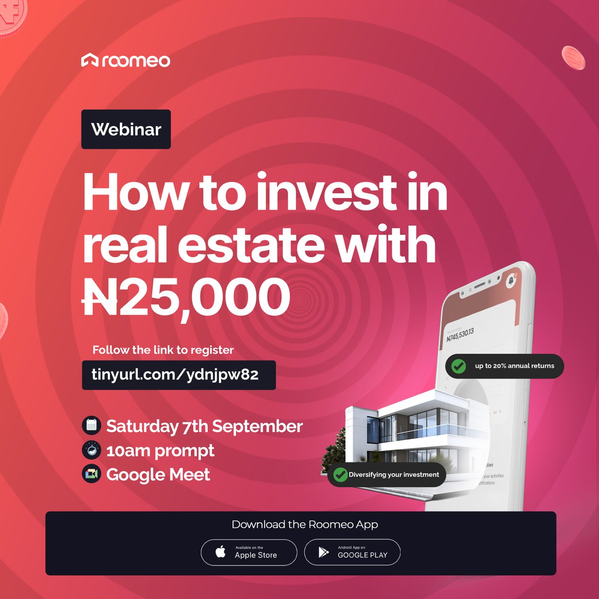 myroomeo_'s tweet photo. Dreaming of real estate investment but think it’s out of reach? Think again! Join our webinar, 'How to Invest in Real Estate with 25,000 Naira,' and learn how you can start your journey. 

Click the link to register for free: https://t.co/hVnYALx8TB https://t.co/lHQS5RD2Kd